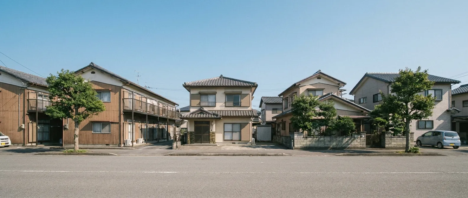 地方の住宅地に建つ2階建てのアパートと一戸建ての町並み（イメージ）