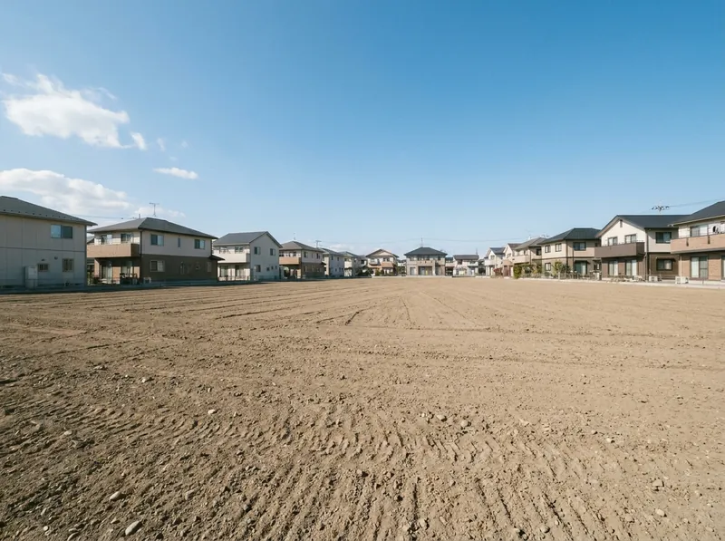 整地された住宅用の土地と、その先の家並みと青空（イメージ）